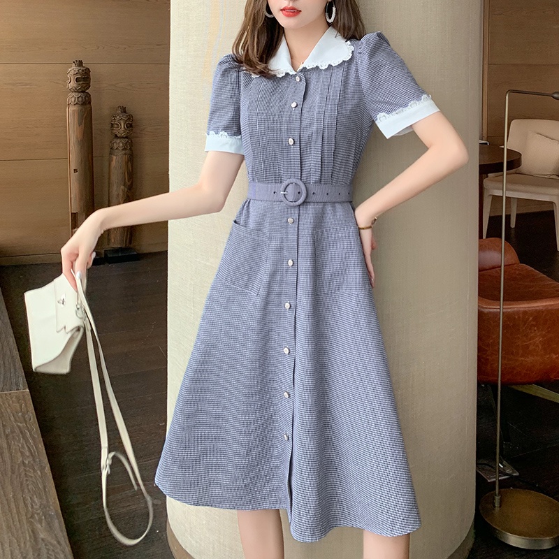 【Rozen】Short Sleeve Spliced Turn Down Collar Casual Dress  7333