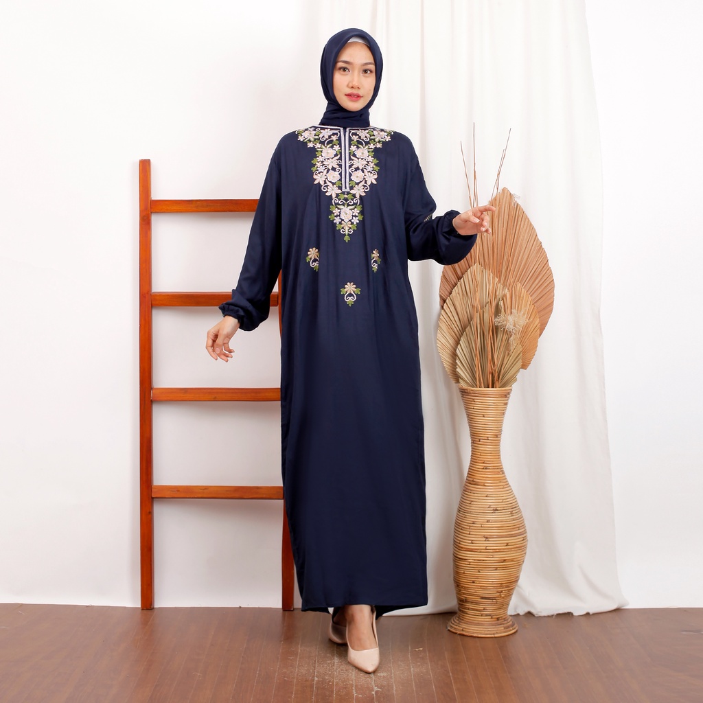 Daster Gamis Bordir Melisa Lengan Panjang Kekinian Saku Katun Rayon Premium Sleting Depan Busui