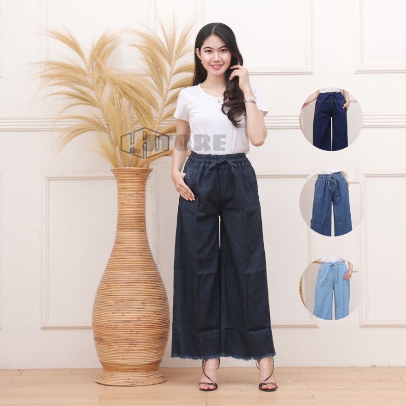 Celana kulot jeans panjang rawis highwaist premium boyfriend saku dalam  kulot jeans panjang karet pinggang saku tempel kulot snow blue