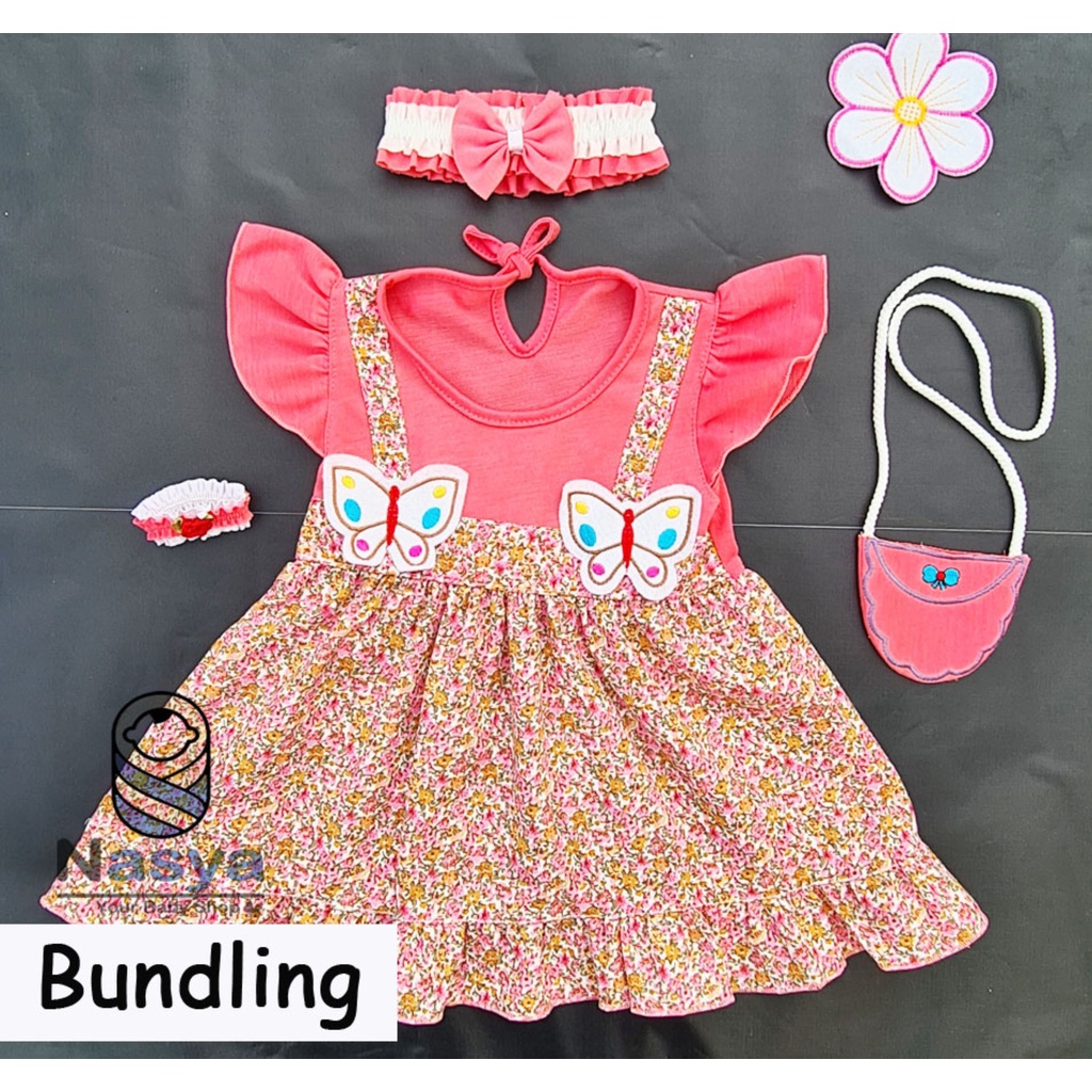 [P-030B] Dress Bayi Anak Usia 0-6 Bulan Full Set Bandana, Gelang dan Tas