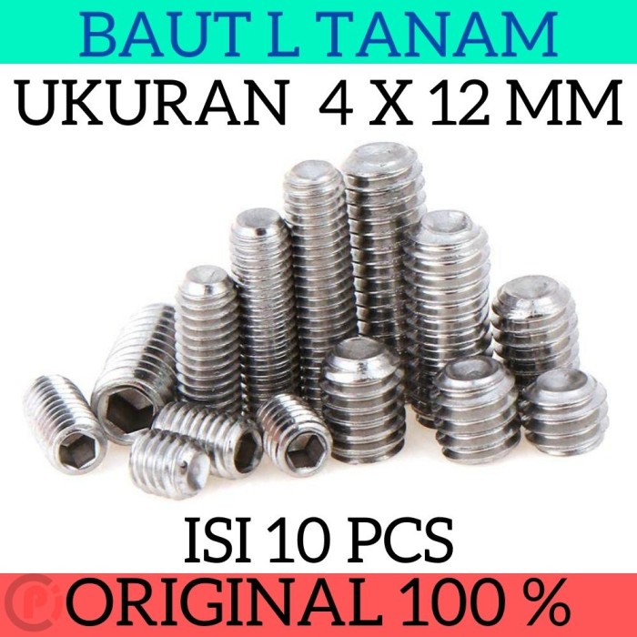 Isi 10 Pcs Baut L Model Tanam Ukuran M4 x 12mm Bahan Stainless Steel