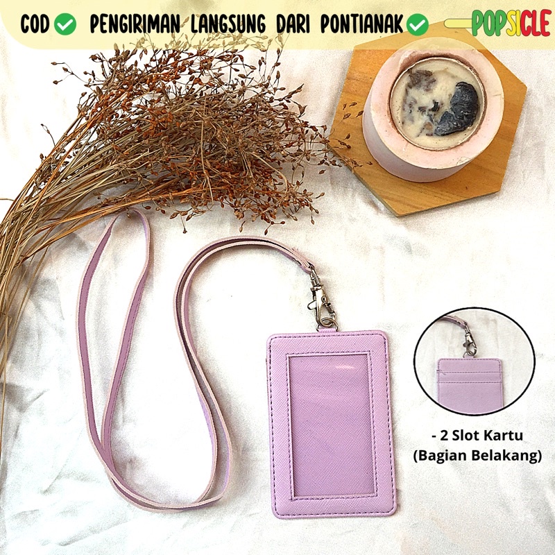 Lanyard Termurah Flashee Berkualitas Ungu Lilac PU Leather Lanyard NameTag ID Card Holder Name Tag I