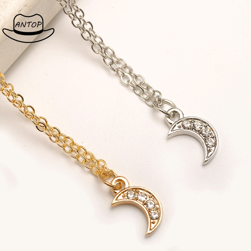 Antop！Moon Pendant Necklace Rhinestone Jewelry Dengan Rantai Pendek Klavikula Kalung Berlian Chain
