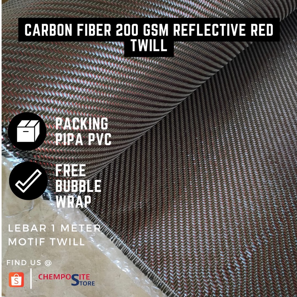 serat carbon fiber red reflective metalic TWILL 200Gsm L 1m