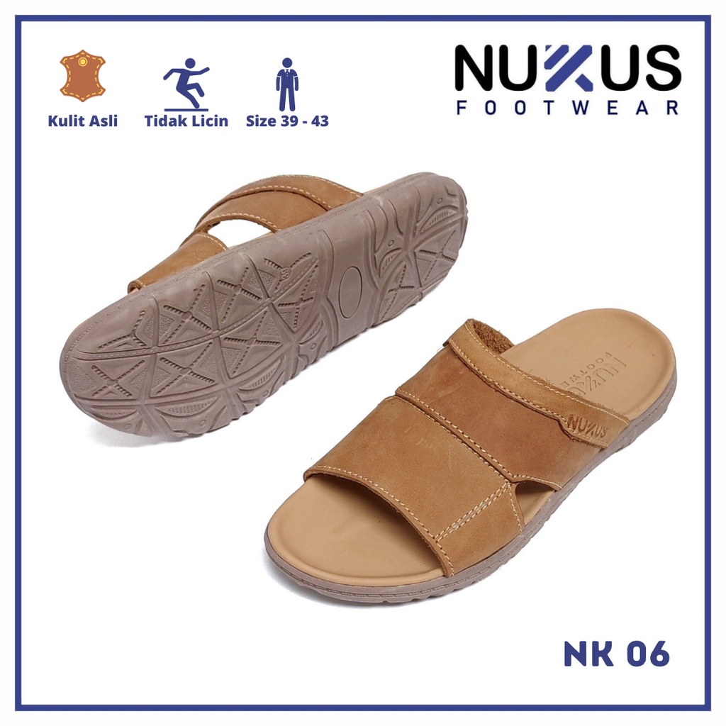 Nukus Sandal Pria Kulit Asli Selop Coklat Krem - NK 06