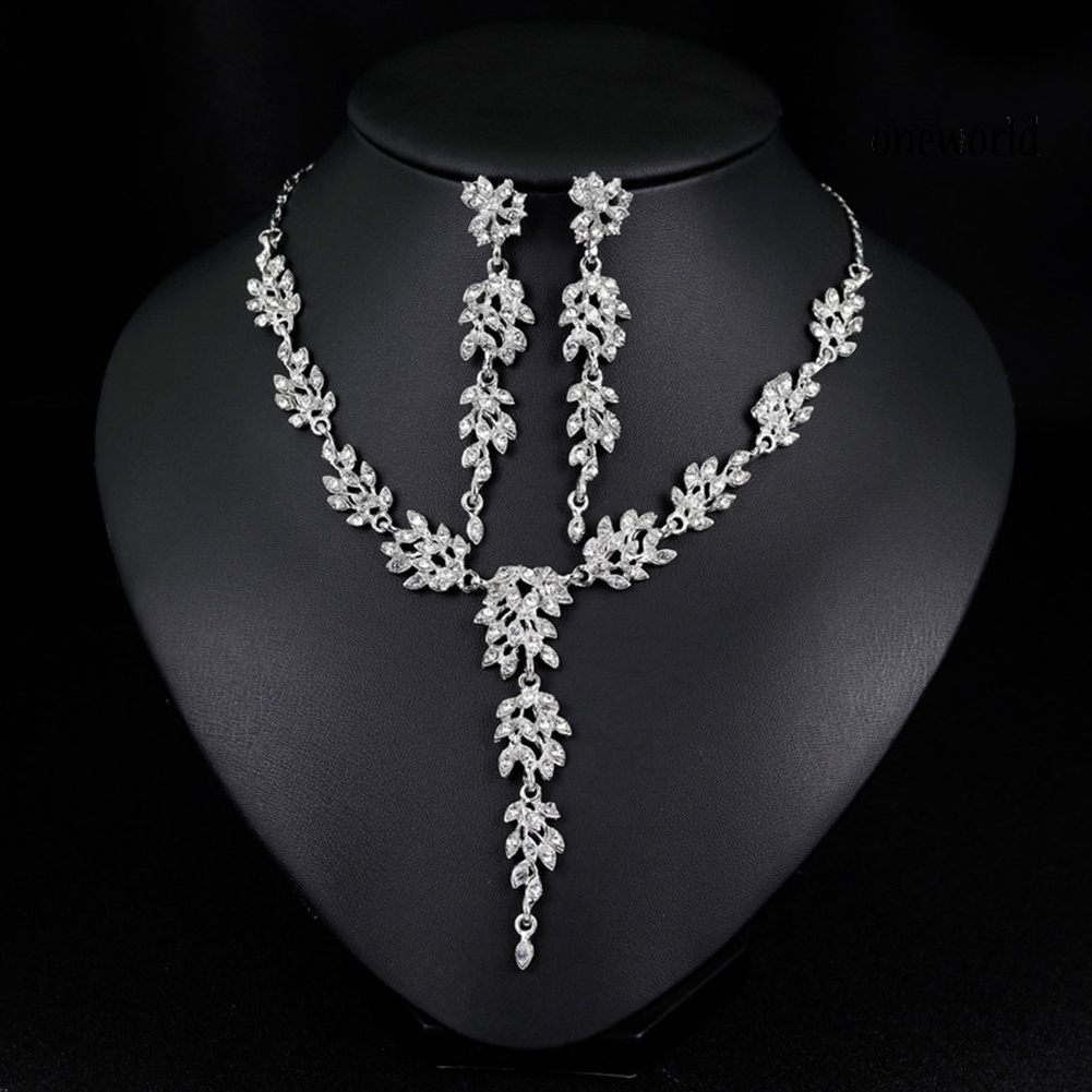 OW@ Fashion Leaf Rhinestones Necklace Earrings Women Bride Wedding Jewelry Set