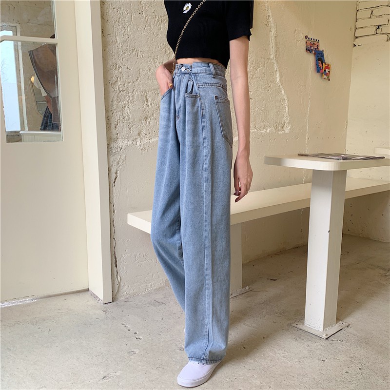 Denim celana wide-leg perempuan high-waist longgar lurus-kaki celana panjang