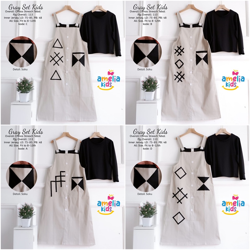 Grey  Nania Set Overall Anak Perempuan Umur 8-12 Tahun Bahan Spandek Jersey x Chinos by Amelia Kids