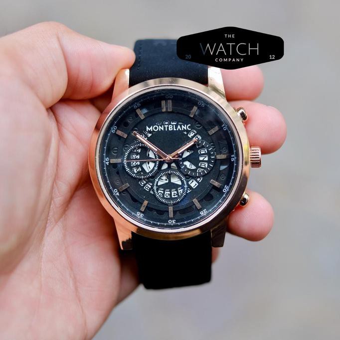 Jam Tangan Pria Cowok Montblanc Chrono Off Leather Strap Black RGold