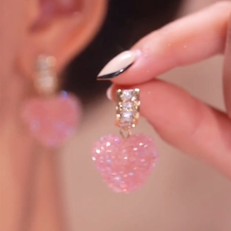 Anting Bentuk Hati Warna Pink Aksen Berlian Imitasi