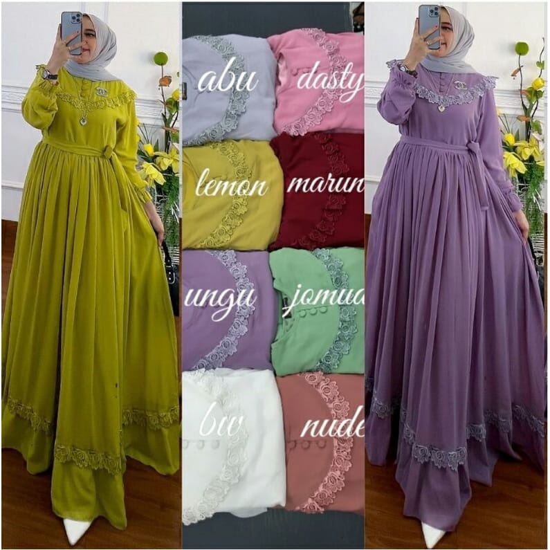 Gamis Terbaru 2022 Ceruty Babydoll Aksen Renda Baju Kondangan Wanita Gamis Pesta Mewah Elegan Long Dress Muslim Naraya Dress