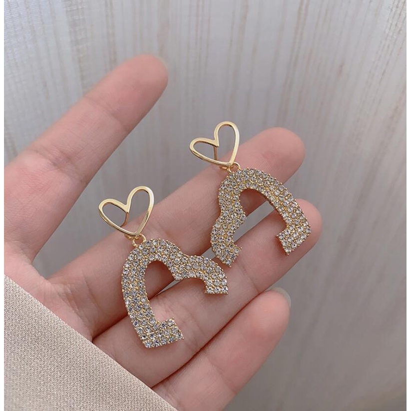 925 jarum perak gap cinta hati anting-anting Korea anggun online influencer penuh permata anting-ant