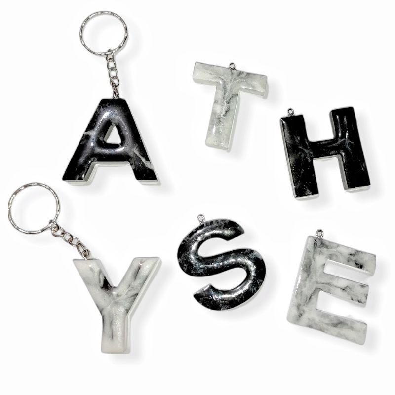 Gantungan Kunci Resin Custom Huruf Inisial Angka Alphabet Keychain Marble Marmer Series Initial Number Nomor Customize 3D Handmade