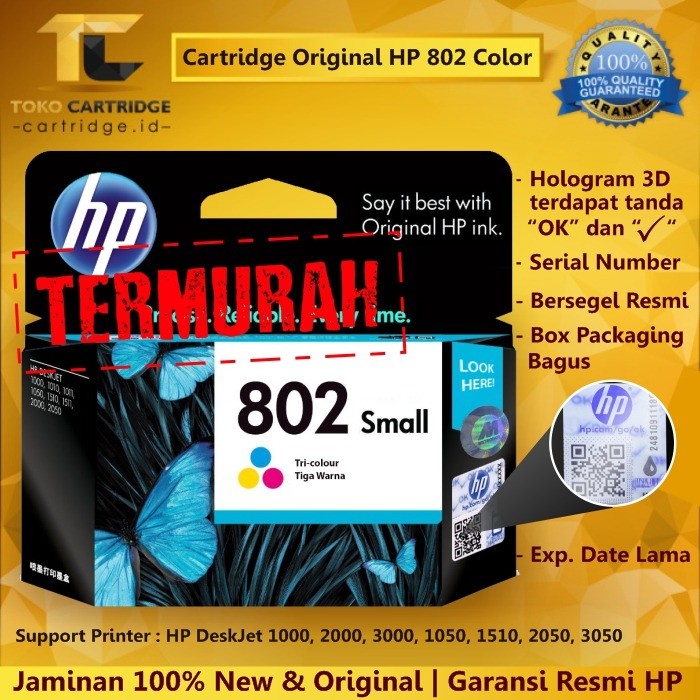 Catridge Tinta HP 802 Color ORIGINAL CH562ZZ Colour Printer HP 1000 1050 2000 2050 3050 J410a J510a