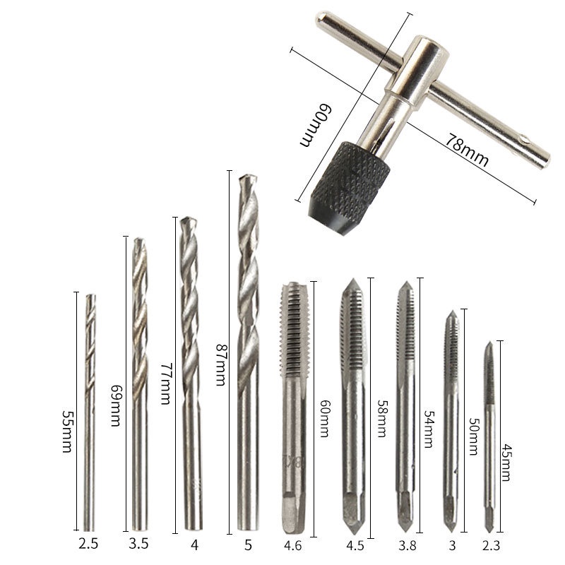 10PCS Mata Bor Tap Die Set - Pembuat Ulir Sekrup dengan Tap Wrench Origina/dengan Tap Wrench Original