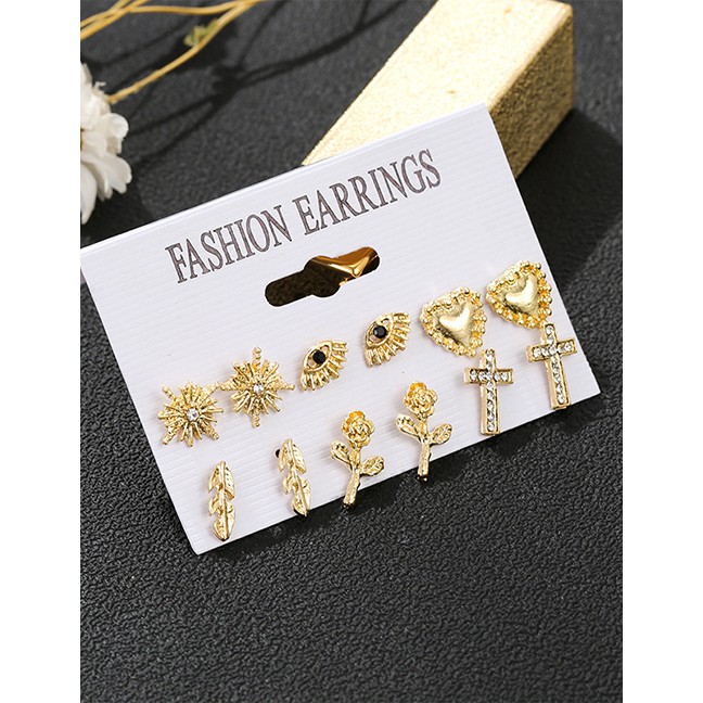 LRC Anting Set Fashion Gold Color 1 Eye Studded Cross Geometric P72941