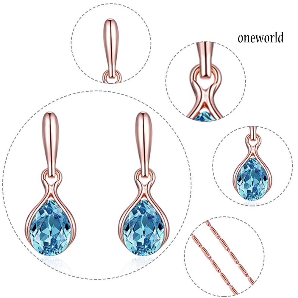 OW@ Women Water Drop Shape Rhinestone Pendant Necklace Ear Stud Earrings Jewelry Set