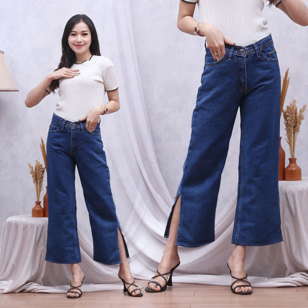 Highwaits Kulot jeans wanita Loose Belah bawah