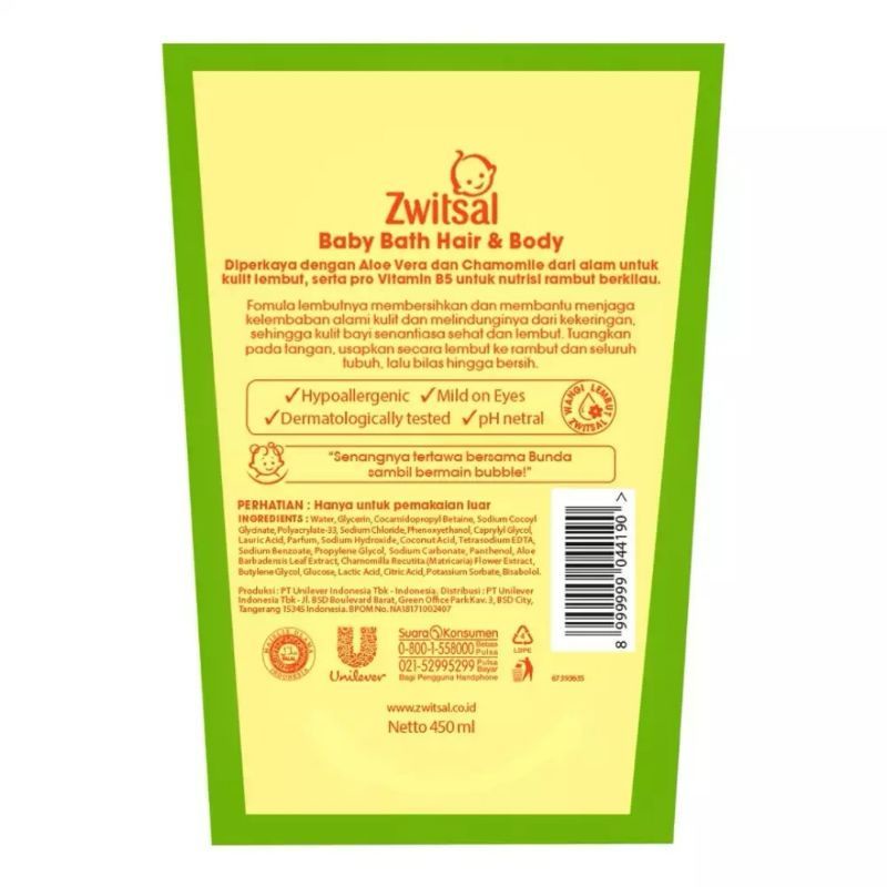 ZWITSAL Natural Baby Bath 2-in-1 Hair &amp; Body Pouch 450ml