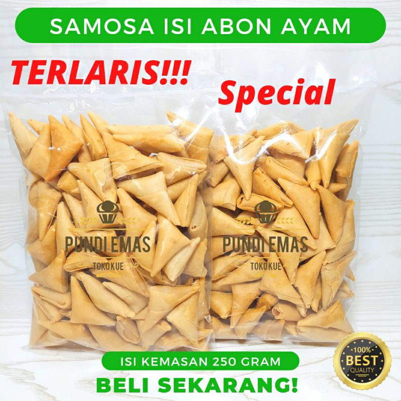 Samosa Kering Isi Abon Ayam / Samosa Abon / Samosa Segitiga / Cemilan Kiloan Terlaris 250 Gram