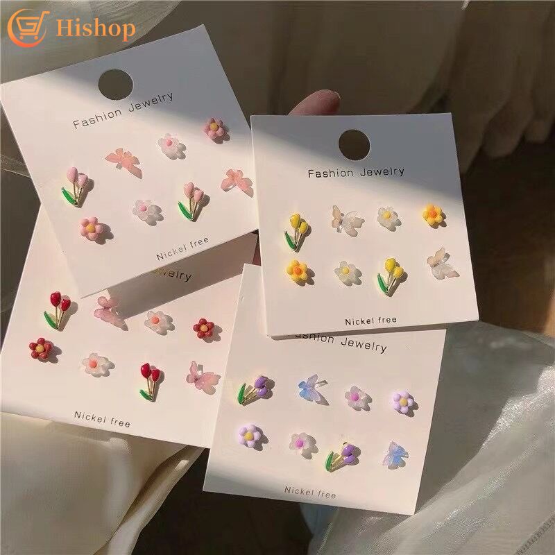 Set Anting Stud Desain Bunga Kupu-Kupu Hati Mutiara Warna-Warni Untuk Wanita