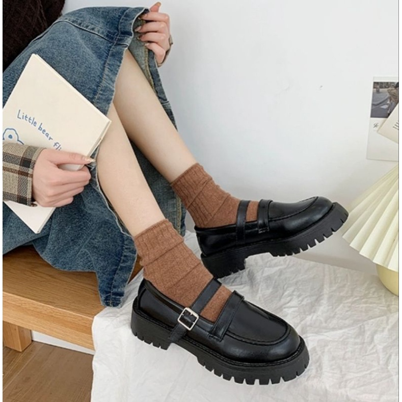 Sepatu Docmart Wanita Hitam Gesper Hak Datar Kasual Import Premium DF 566 Sepatu Flat Loafers Kulit Cewek Kekinian Fashion Korean Style 8045