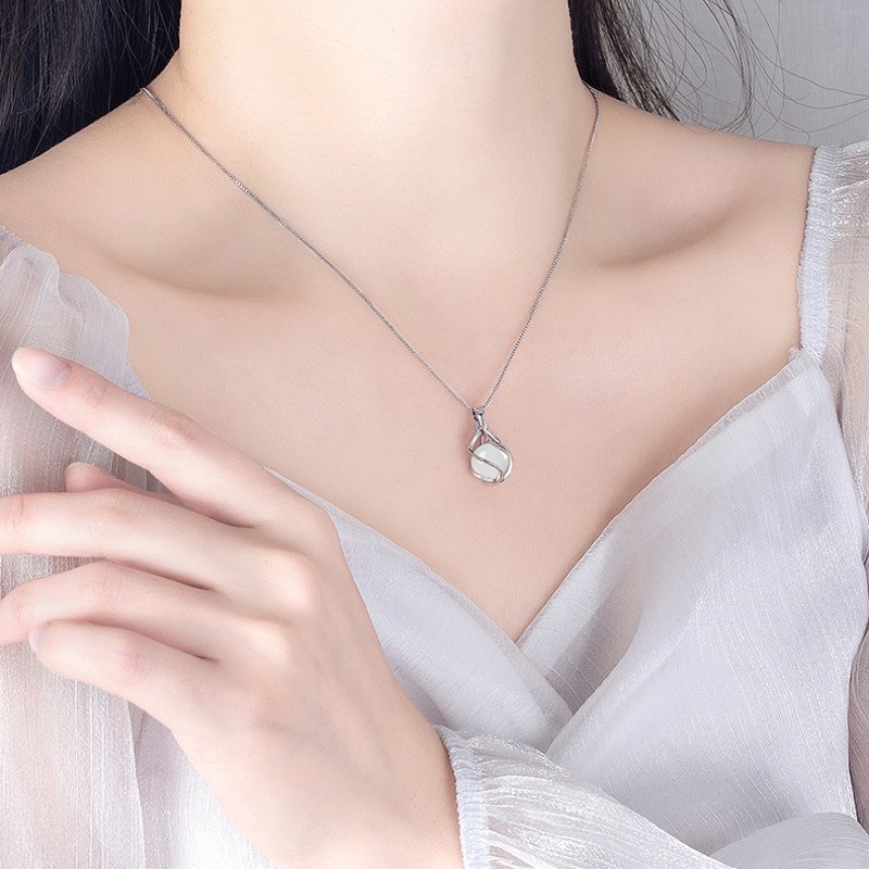 [ 1Pc  Ladies  Sliver Chain   Round Opal Agate Pendant Necklace For Daily Life ]