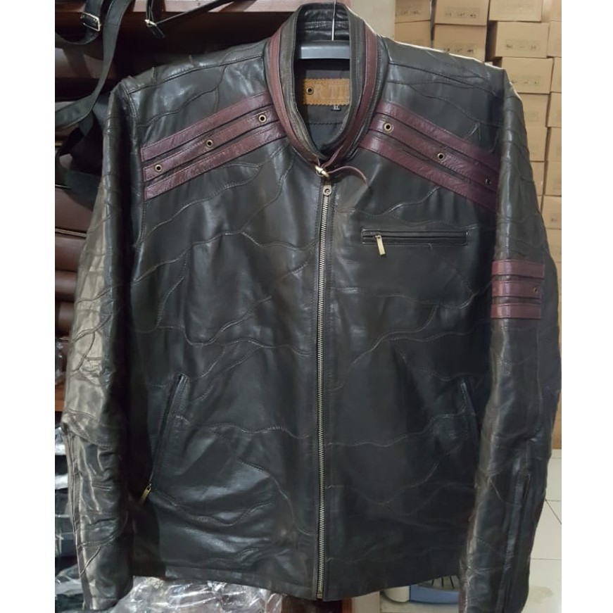 Jaket Pria Kulit Domba Asli Garut murah berKualitas model strip adidas, jaket kulit motor terlaris
