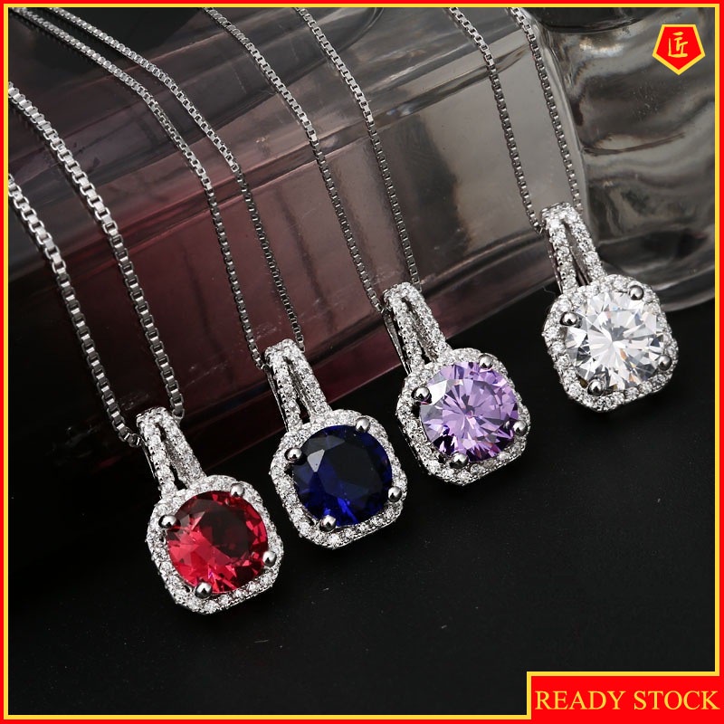 [Ready Stock]Fashion Silver-Plated Diamond Necklace Simple Square Diamond Pendant