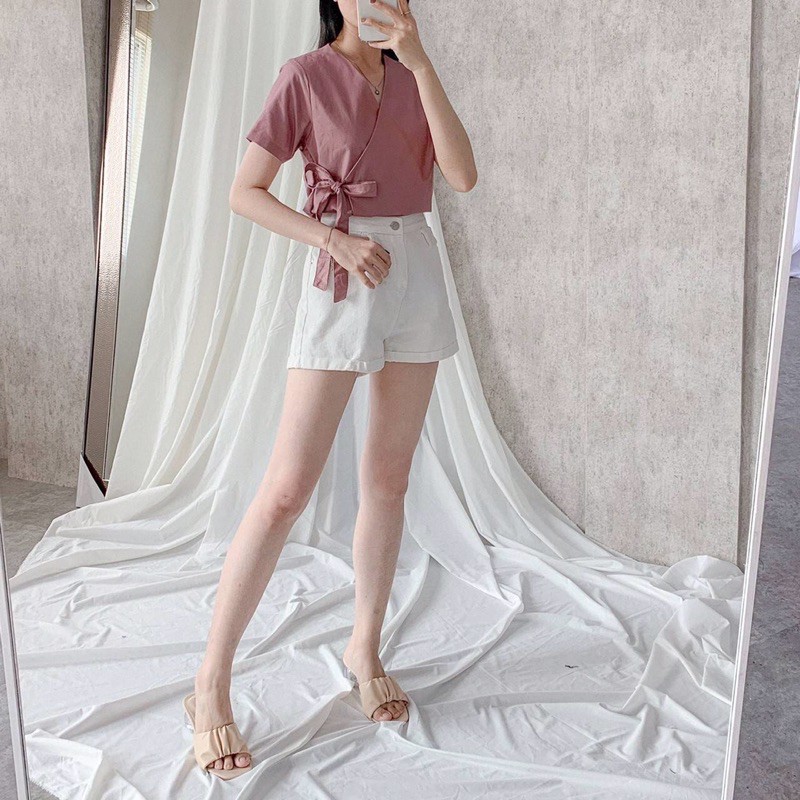 ARESTA TOP BAJU ATASAN BLOUSE WANITA LENGAN PENDEK BAHAN KATUN COTTON PITA RIBBON KIMONO POLOS FUCHSIA SHOCKING PINK KHAKI TOSCA PUMPKIN ORANGE GREYISH BLUE BLACK-3