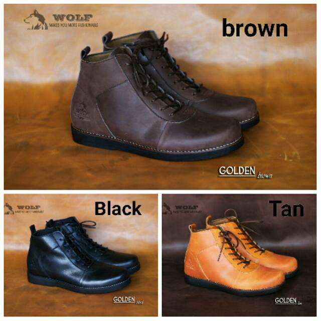 FULL LEATHER SEPATU BOOT KULIT ASLI (kulit sapi) WOLF GOLDEN ORIGINAL KASUAL SEMI FORMAL