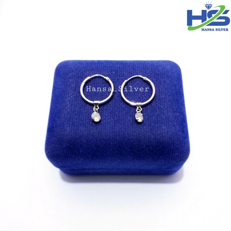 Anting Perak Asli Silver 925 Lapis Emas Putih Model Ring Bulat Polos Gantungan Permata Dan Love - Anting Wanita Anti Karat