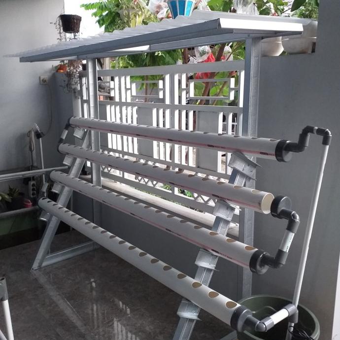 INSTALASI PIPA HIDROPONIK 2 METER FULL SET RANGKA BAJA RINGAN + ATAP