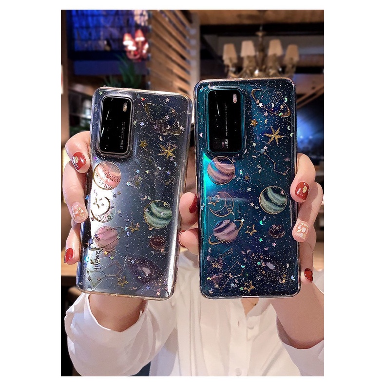 Case Motif planet universe Aksen Glitter Untuk iPhone yptr