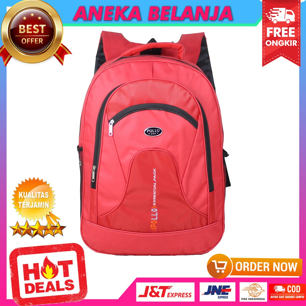 Tas Punggung Pria Sekolah Polo Essential Merah Backpack Cowok Stylish SD SMP Kerja Kuliah Berkualitas Free Raincover Bahan Awet Tebal Harga Terlaris Termurah