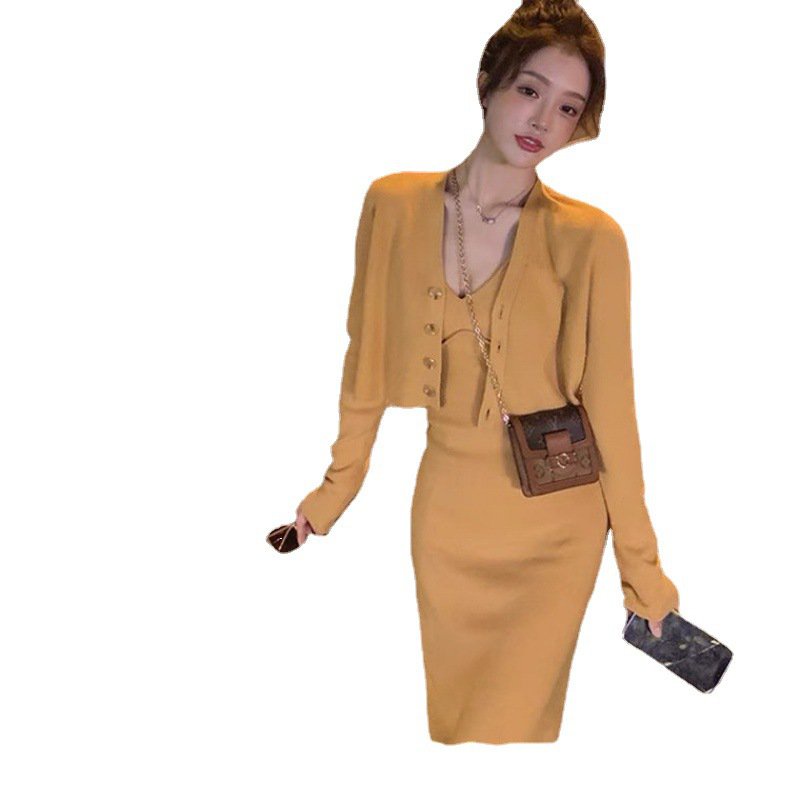 #Sisjuly# Setelan Kardigan Rajut V-Neck Wanita Dress Sling Ramping Wanita