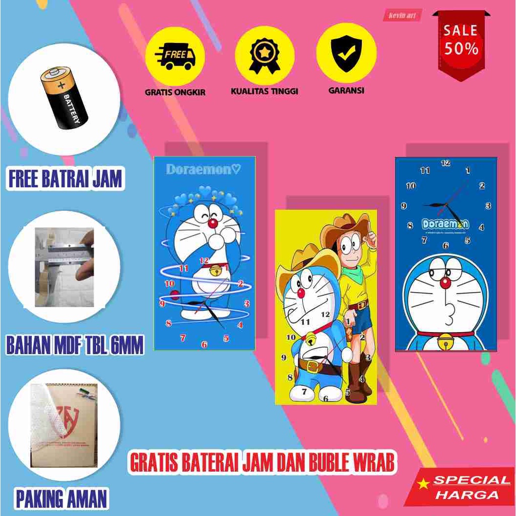 JAM DINDING KARAKTER DORAEMON MINIMALIS UNIK BESAR KAYU VINTAGE SOUVENIR JAM CAFE Kevinart