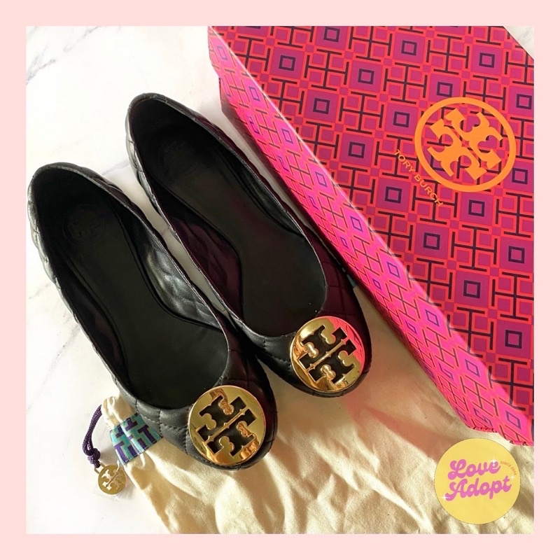 Preloved Authentic Tory Burch Quinn Leather Flat Shoes sepatu second