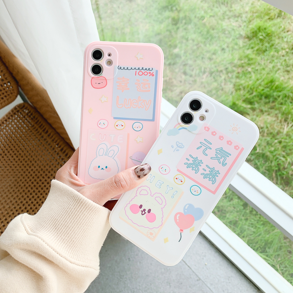 Luck bunny cute Bear pattern white iphone case 6 6s 7 8 plus XR 11 12 mini pro max Straight edge protection camera phone Cover-5