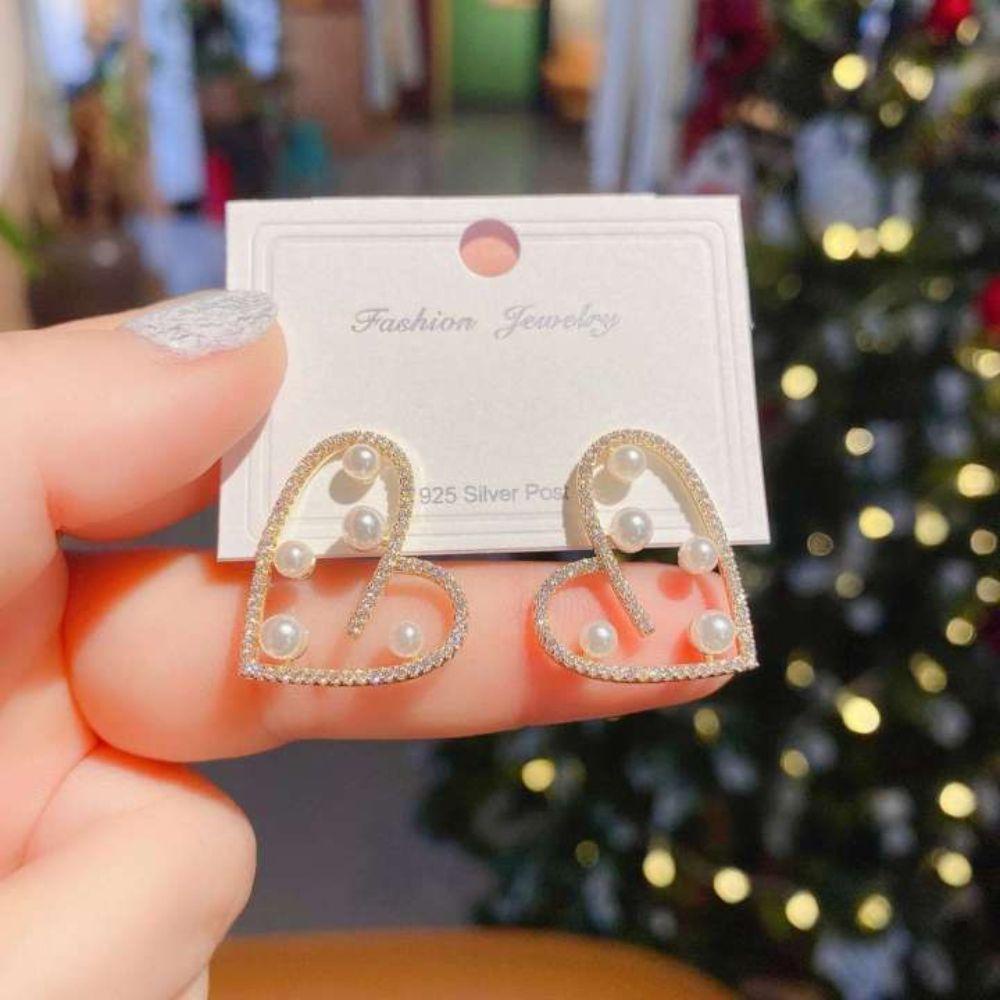 Mxbeauty Wanita Anting Berlian Imitasi Atmosfer Pesta Perhiasan Hadiah Indah Aksesoris Telinga Mutiara Hati Stud Earrings