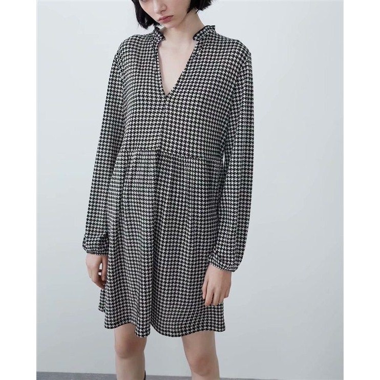 28479 Dress V Neck Lengan Panjang Houndstooth Dress