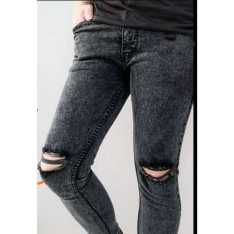 CELANA JEANS SOBEK LUTUT PRIA SNOW BLACK SANDWASH ACID RIPPED PREMIUM