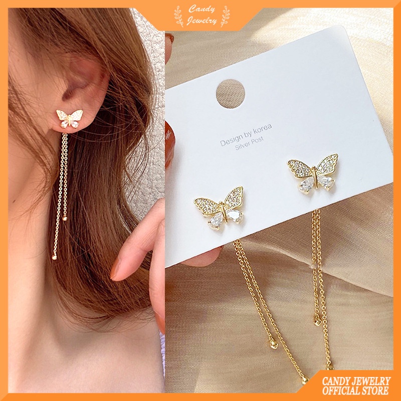 BUTTERFLY Anting Tusuk Rumbai Panjang Sterling Silver 925 Desain Kupu-Kupu Hias Zircon Untuk Wanita