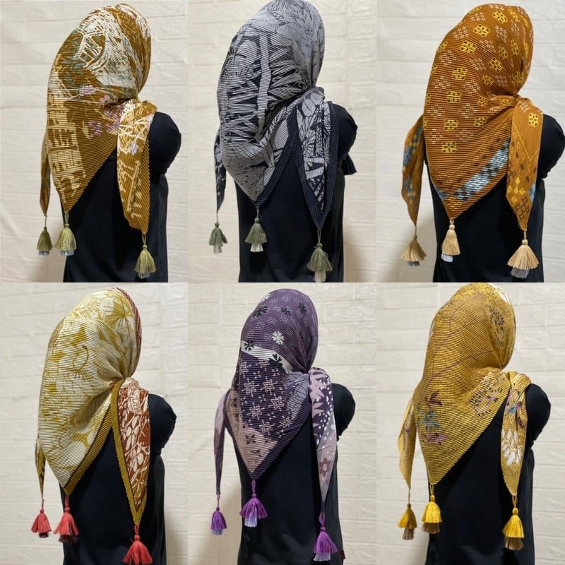 Kerudung Segi Empat PLISKET Motif BANDUL POMPOM Jilbab Voal Motif Plisket Lidi Terbaru Daily Hijab by wahyu hijab