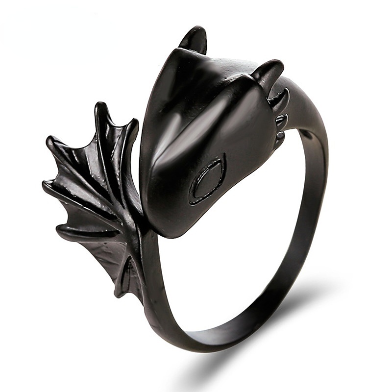 Cincin Model Terbuka Desain pterosaur Warna Hitam Gaya Gothic Untuk Pasangan