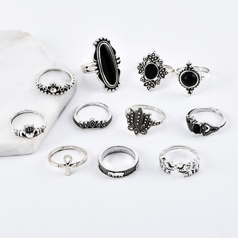 Preva 11pcs/Set Cincin Wanita Set Punk Pernikahan Batu Hitam Gaya Gothic