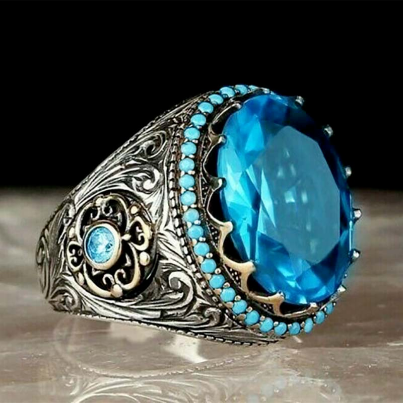 [Cherrye] Cincin Pria Mutiara Biru Safir Fashion Jewelry Kristal Berlian Baja Titanium Perak Antik Rings