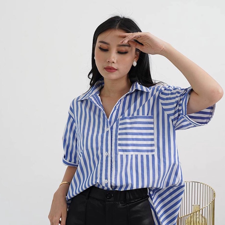 KEMEJA OVERSIZED SALUR INAKO - Baju Atasan Wanita | Kemeja Garis- Garis cewek | Kemeja wanita Oversi