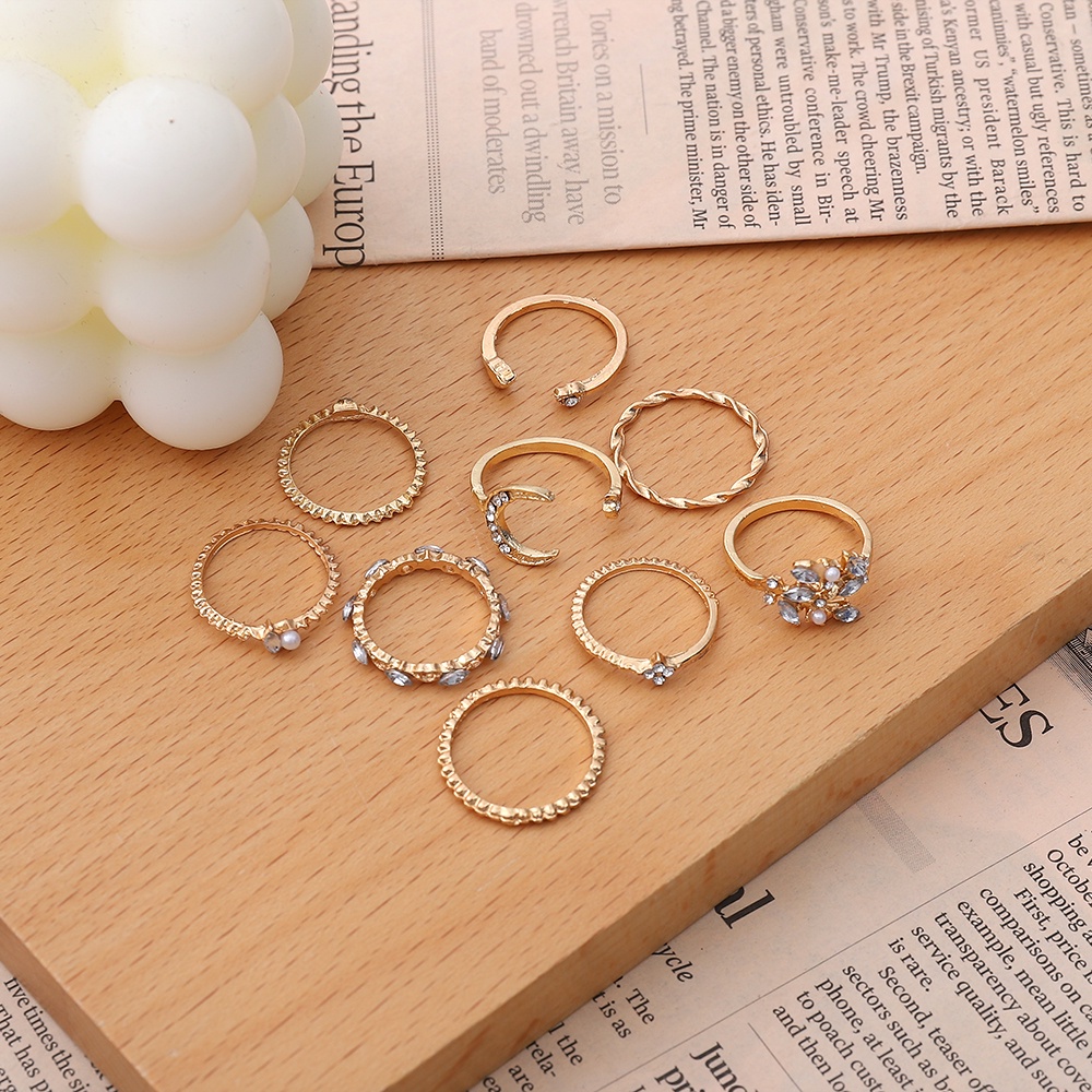 【COD Tangding】10pcs/set Star and Moon Ring Set with Diamond and Pearl Bohemian Ring Set with Jewelry Fashion