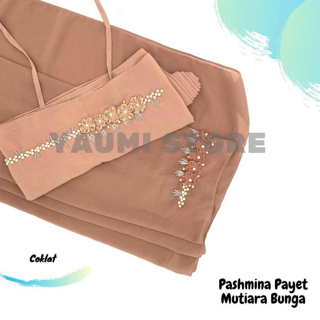 Jilbab Pashmina Tali Payet Mutiara Bunga 75 x 180 Cm